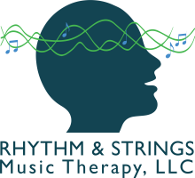 Rhythm and Strings Music Therapy logo child's head silhouette with music notes 