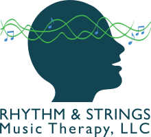 Rhythm and Strings Music Therapy logo child's head silhouette with music notes