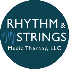 Rhythm and Strings Music Therapy Logo dark blue circle with white writing 